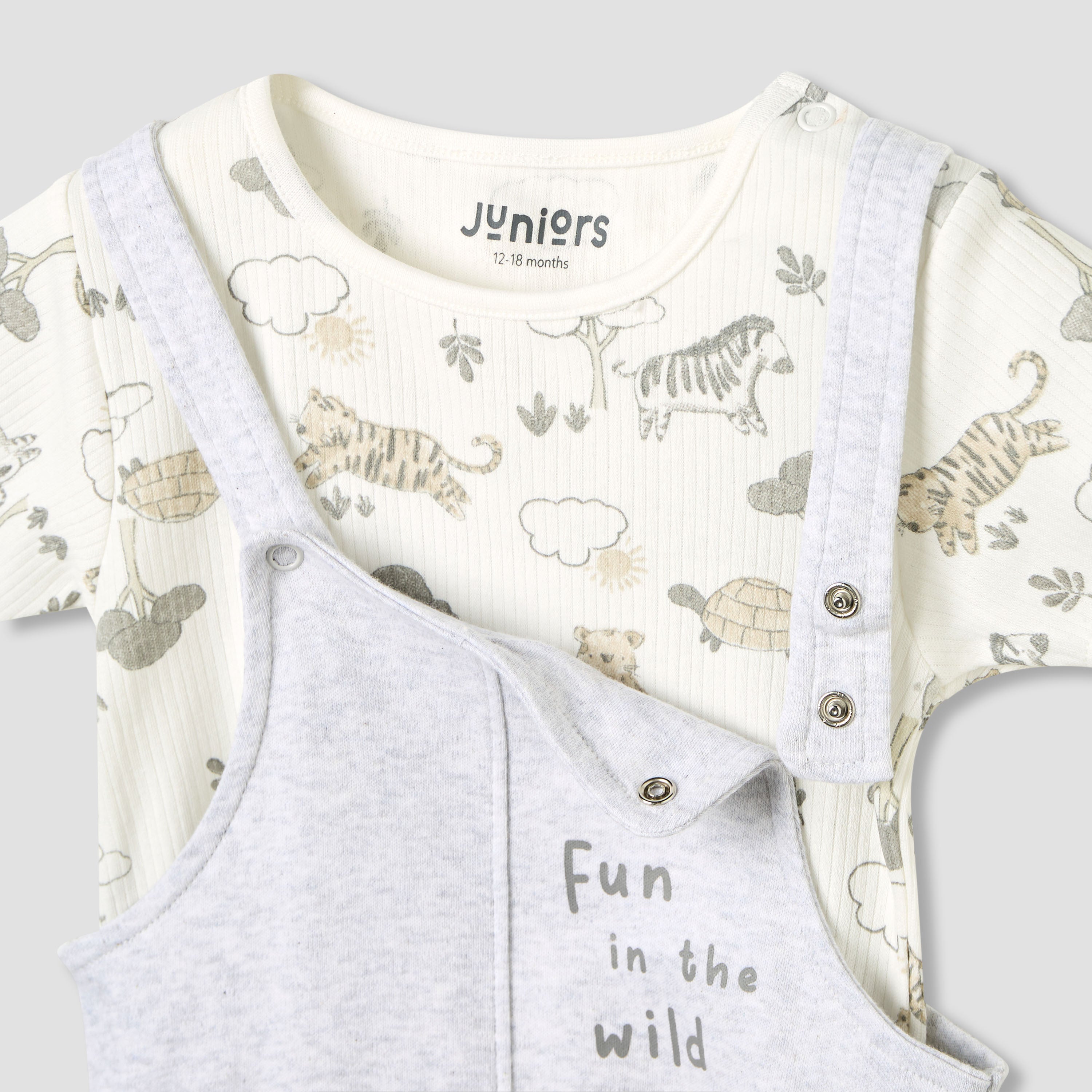 Juniors Boys Dungaree and T-shirt Set with Snap Button Closure - Cotton - Short Sleeve - Round Neck
