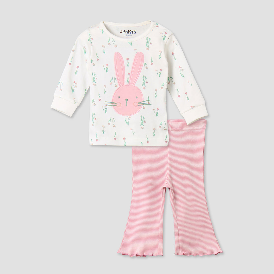 Juniors Cotton Long Sleeves Pyjama Set with Bunny Applique - Pink / 12-18 mths