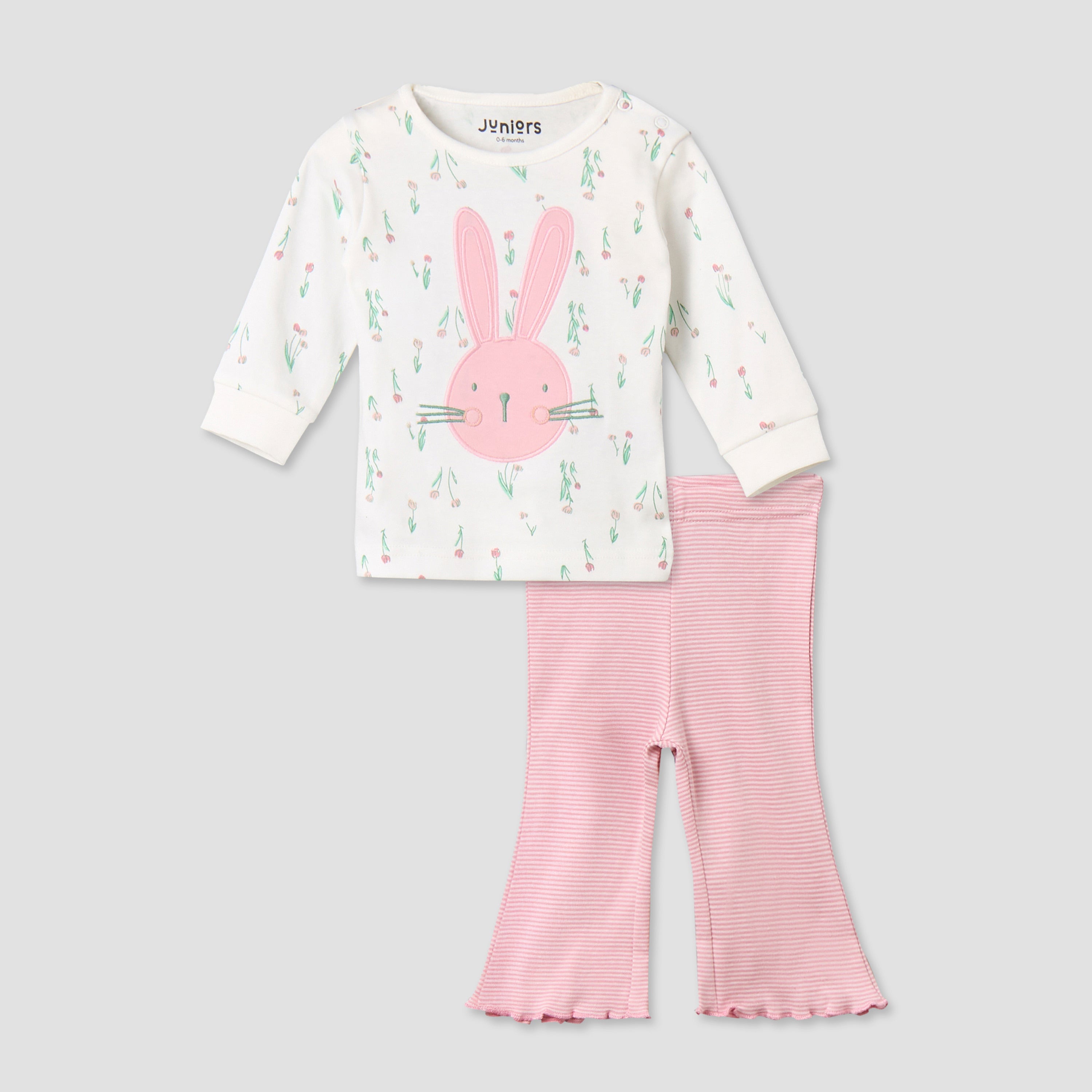 Juniors Cotton Long Sleeves Pyjama Set with Bunny Applique