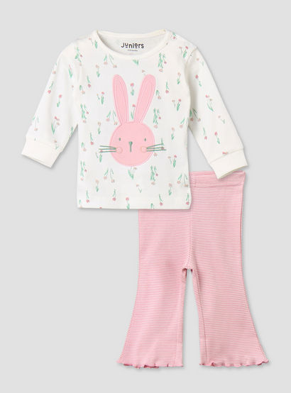 Juniors Cotton Long Sleeves Pyjama Set with Bunny Applique-baby-girls-clothing-nightwear-pyjamasets-image-2