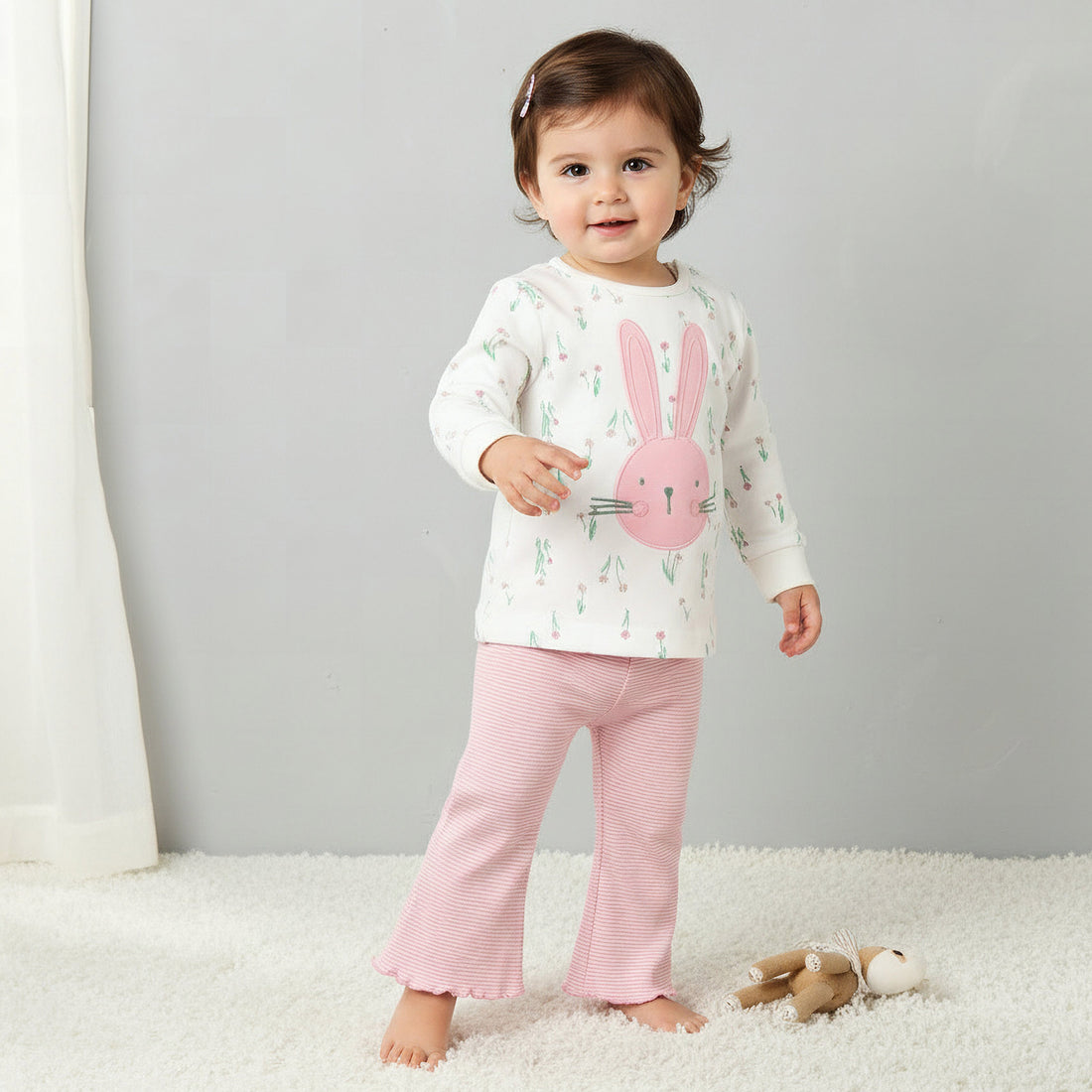 Juniors Cotton Long Sleeves Pyjama Set with Bunny Applique - Pink / 12-18 mths
