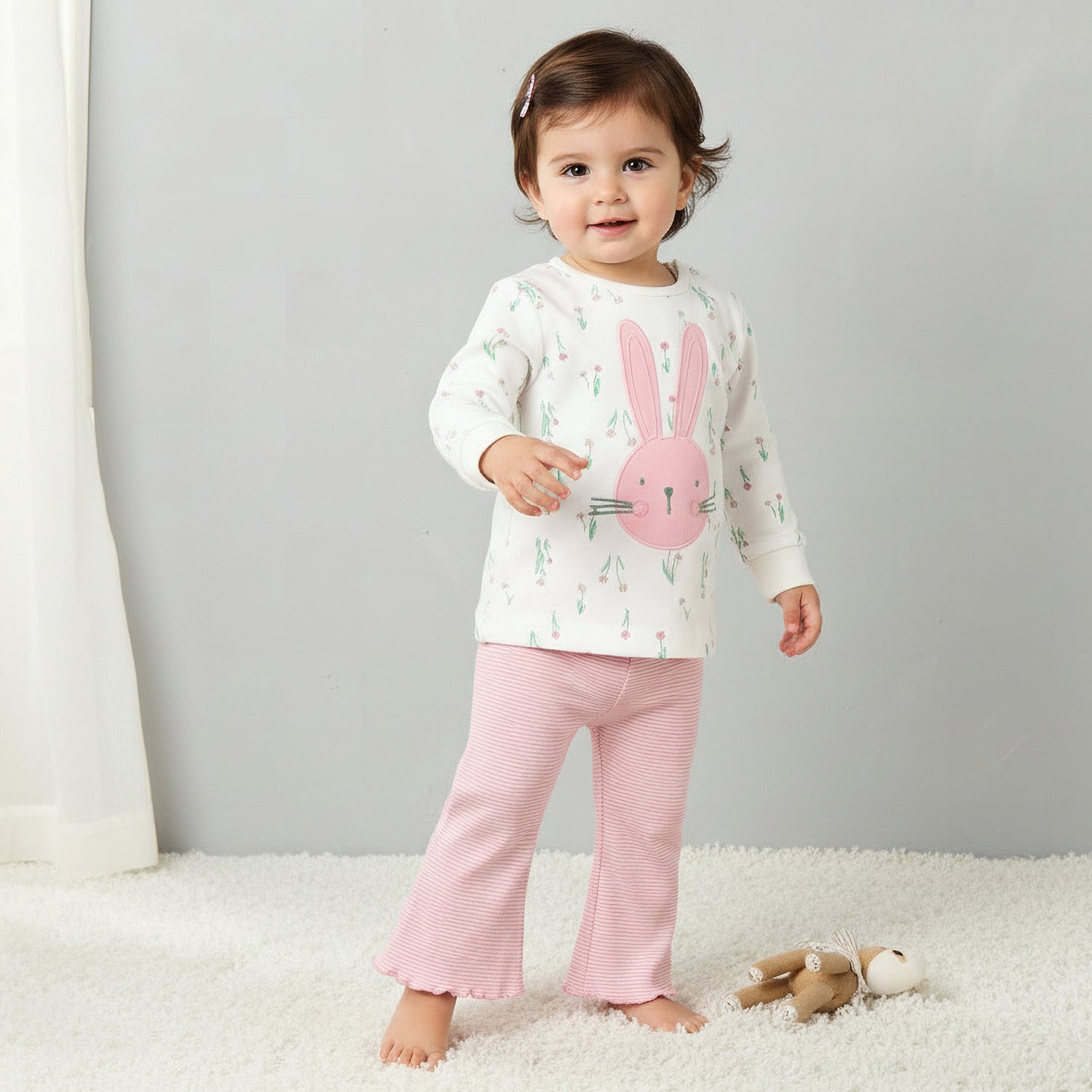 Juniors Cotton Long Sleeves Pyjama Set with Bunny Applique - Pink / 12-18 mths