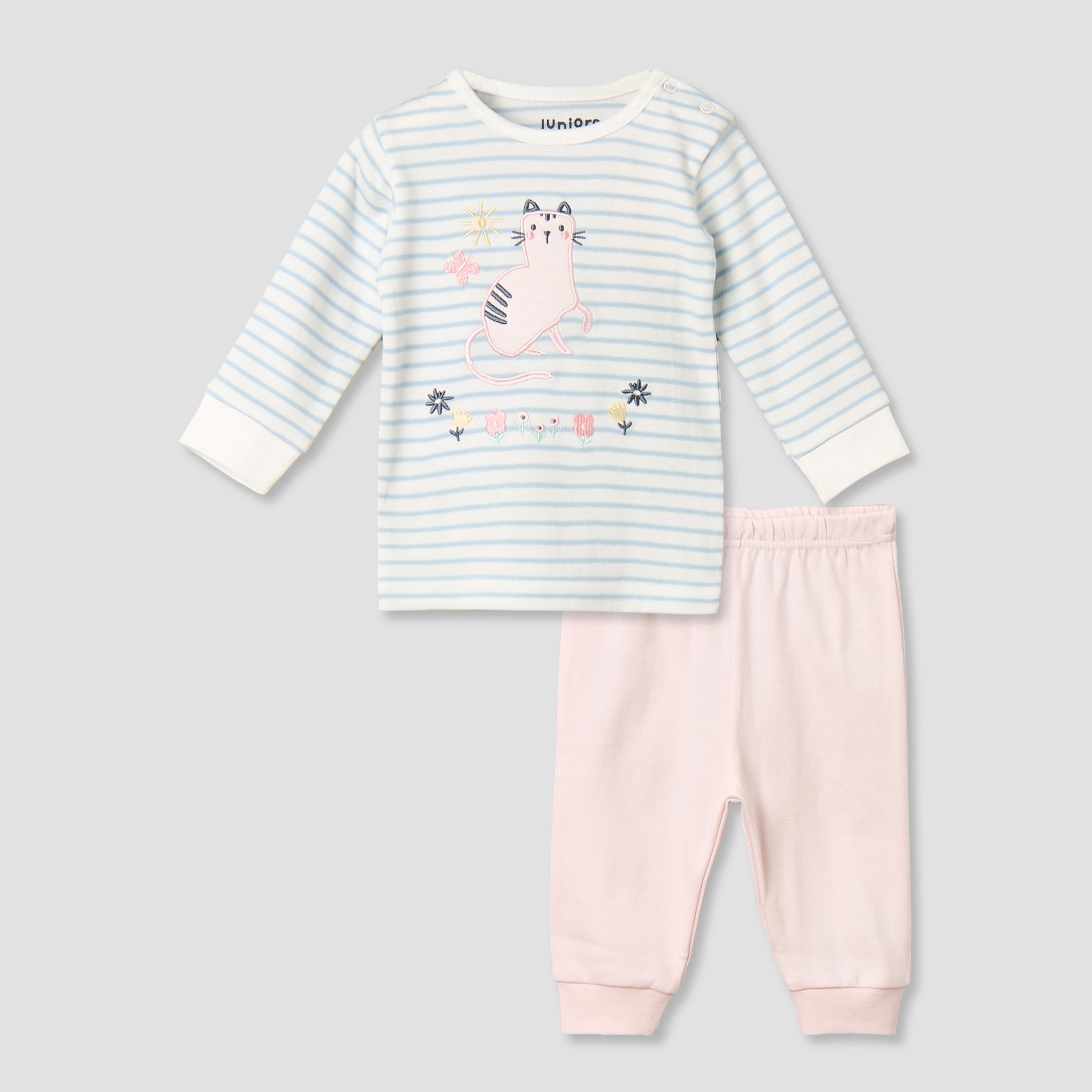 Juniors Cotton Round Neck Long Sleeves Pyjama Set with Cat Applique - Blue / 12-18 mths