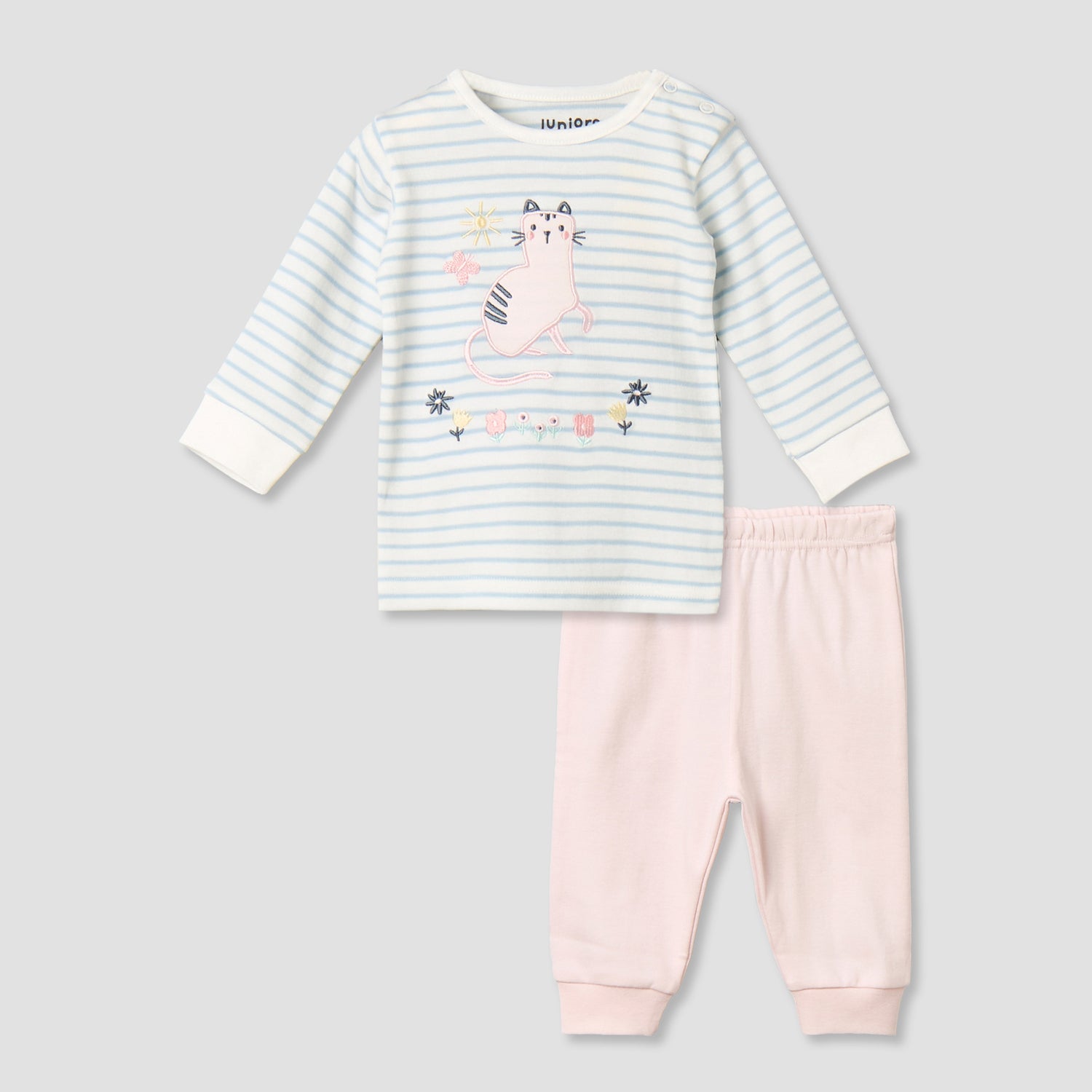Juniors Cotton Round Neck Long Sleeves Pyjama Set with Cat Applique