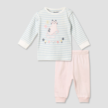 Juniors Cotton Round Neck Long Sleeves Pyjama Set with Cat Applique