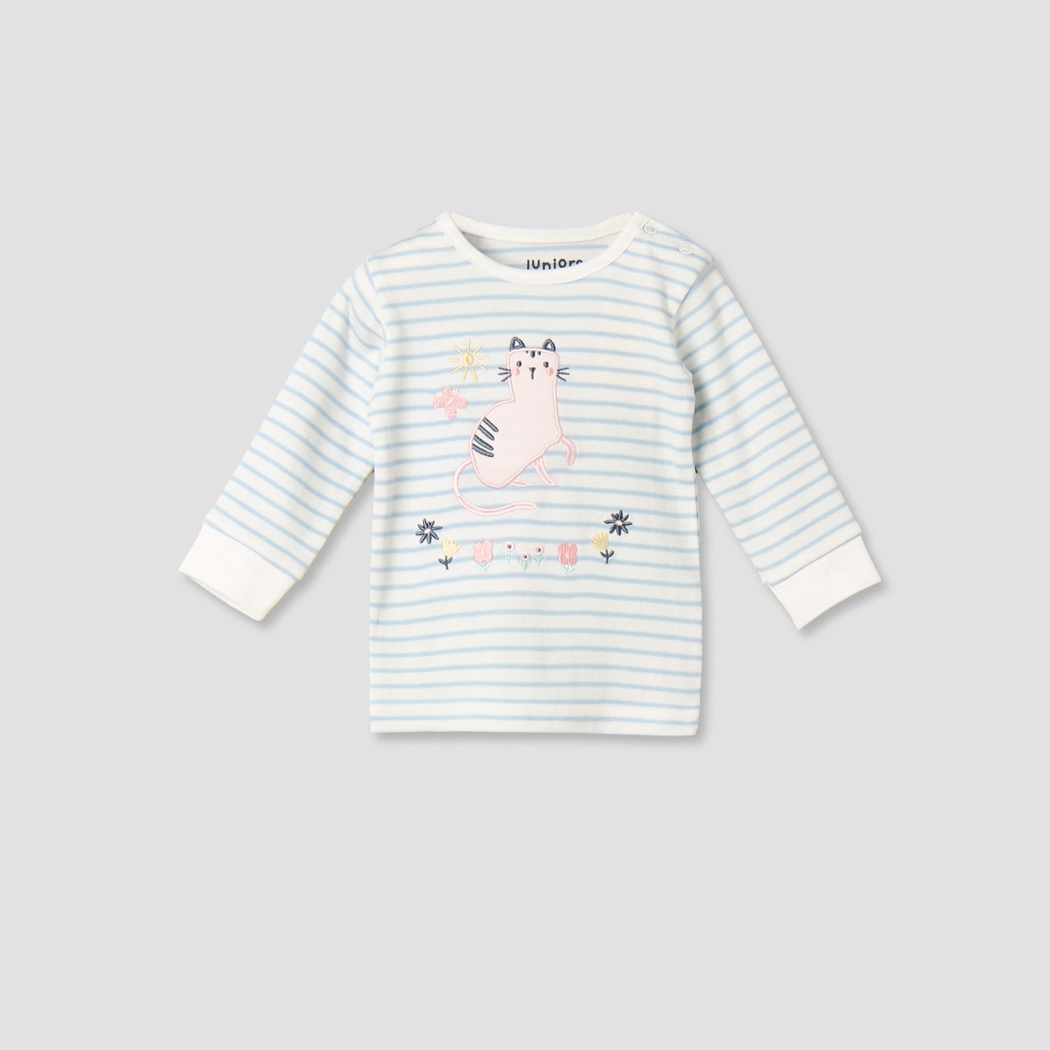 Juniors Cotton Round Neck Long Sleeves Pyjama Set with Cat Applique
