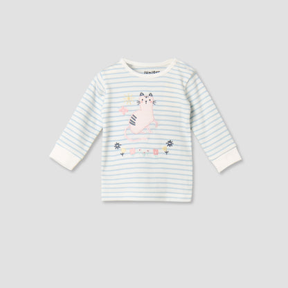 Juniors Cotton Round Neck Long Sleeves Pyjama Set with Cat Applique