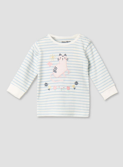 Juniors Cotton Round Neck Long Sleeves Pyjama Set with Cat Applique-baby-girls-clothing-nightwear-pyjamasets-image-3