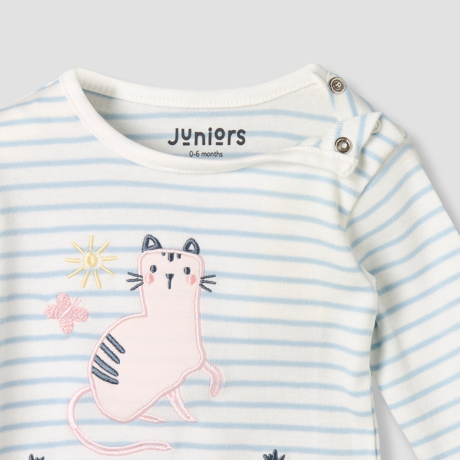 Juniors Cotton Round Neck Long Sleeves Pyjama Set with Cat Applique