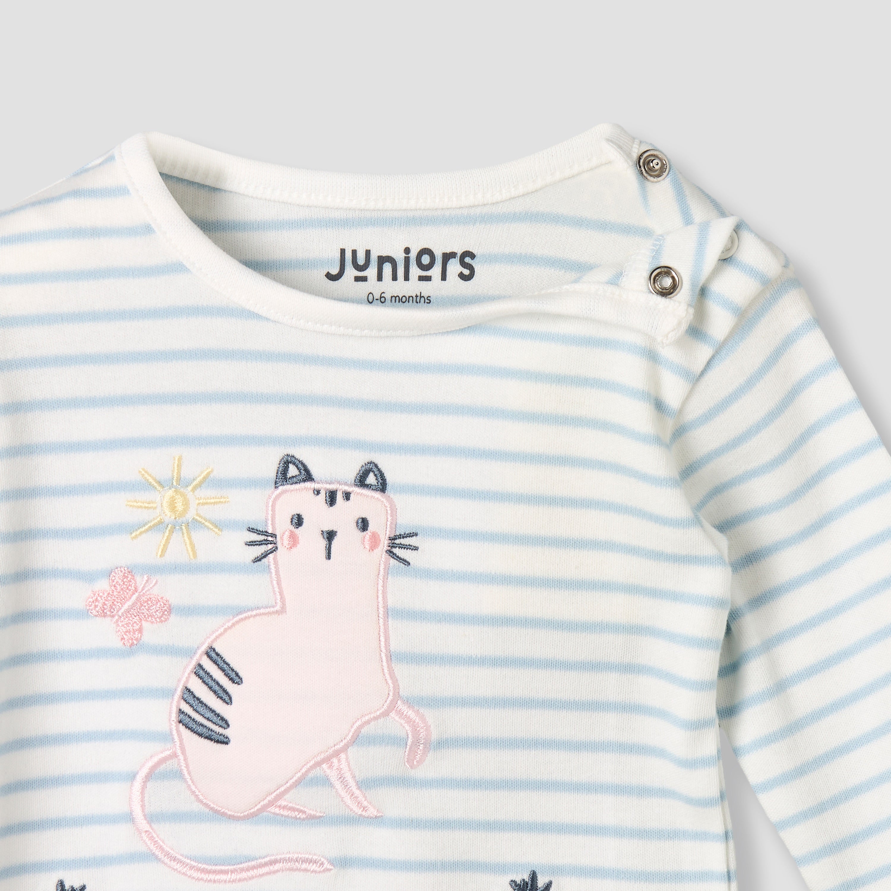 Juniors Cotton Round Neck Long Sleeves Pyjama Set with Cat Applique