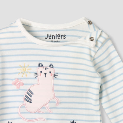 Juniors Cotton Round Neck Long Sleeves Pyjama Set with Cat Applique