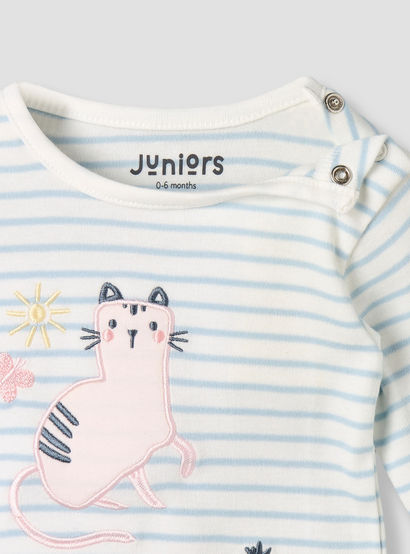 Juniors Cotton Round Neck Long Sleeves Pyjama Set with Cat Applique-baby-girls-clothing-nightwear-pyjamasets-image-5
