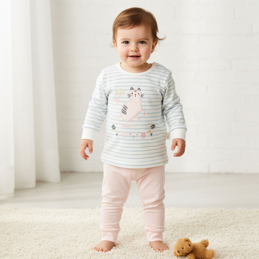 Juniors Cotton Round Neck Long Sleeves Pyjama Set with Cat Applique - Blue / 12-18 mths