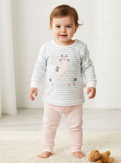 Juniors Cotton Round Neck Long Sleeves Pyjama Set with Cat Applique-baby-girls-clothing-nightwear-pyjamasets-image-1