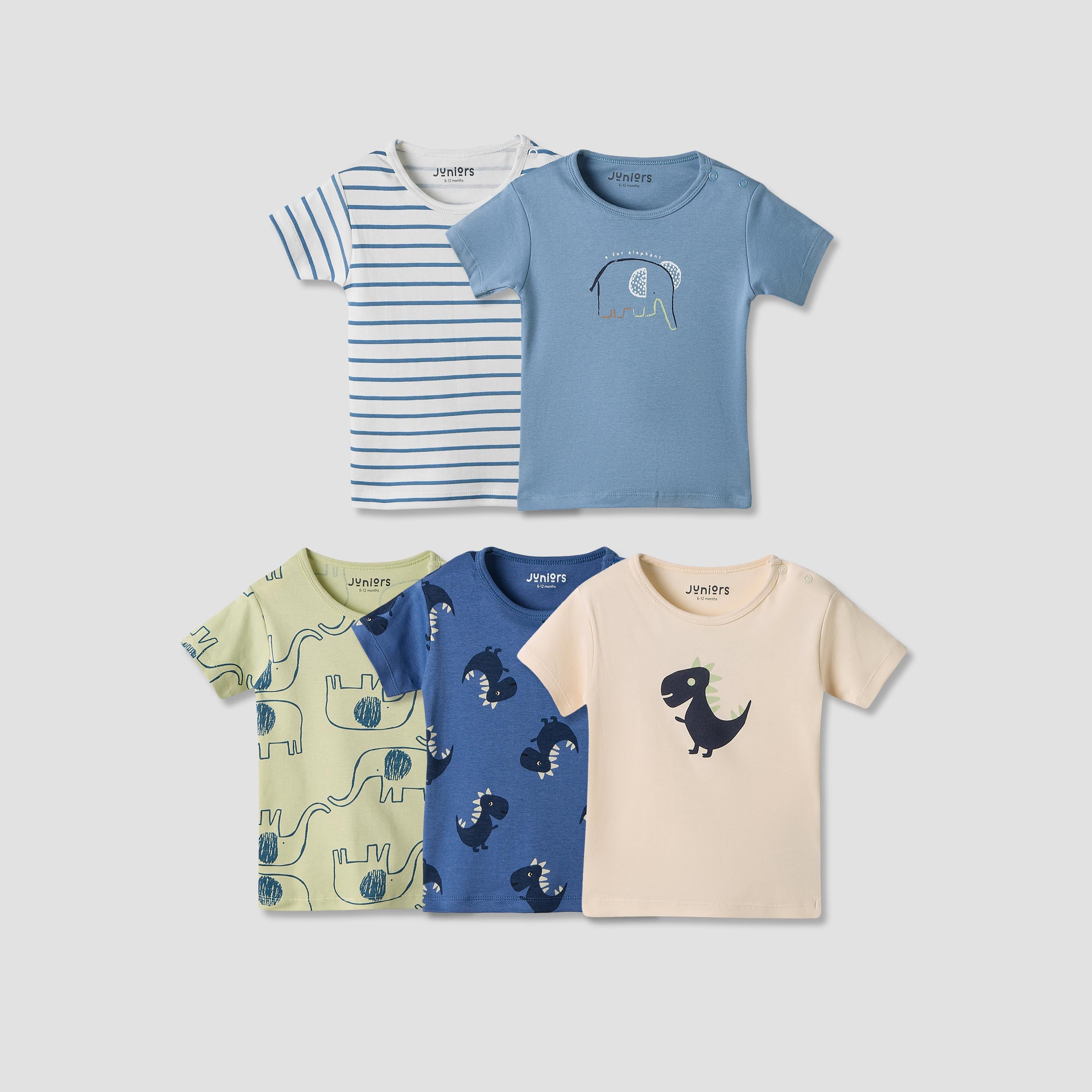 Juniors Girls Crew Neck T-shirt with Dinosaur Print - Cotton - Short Sleeves - Set of 5