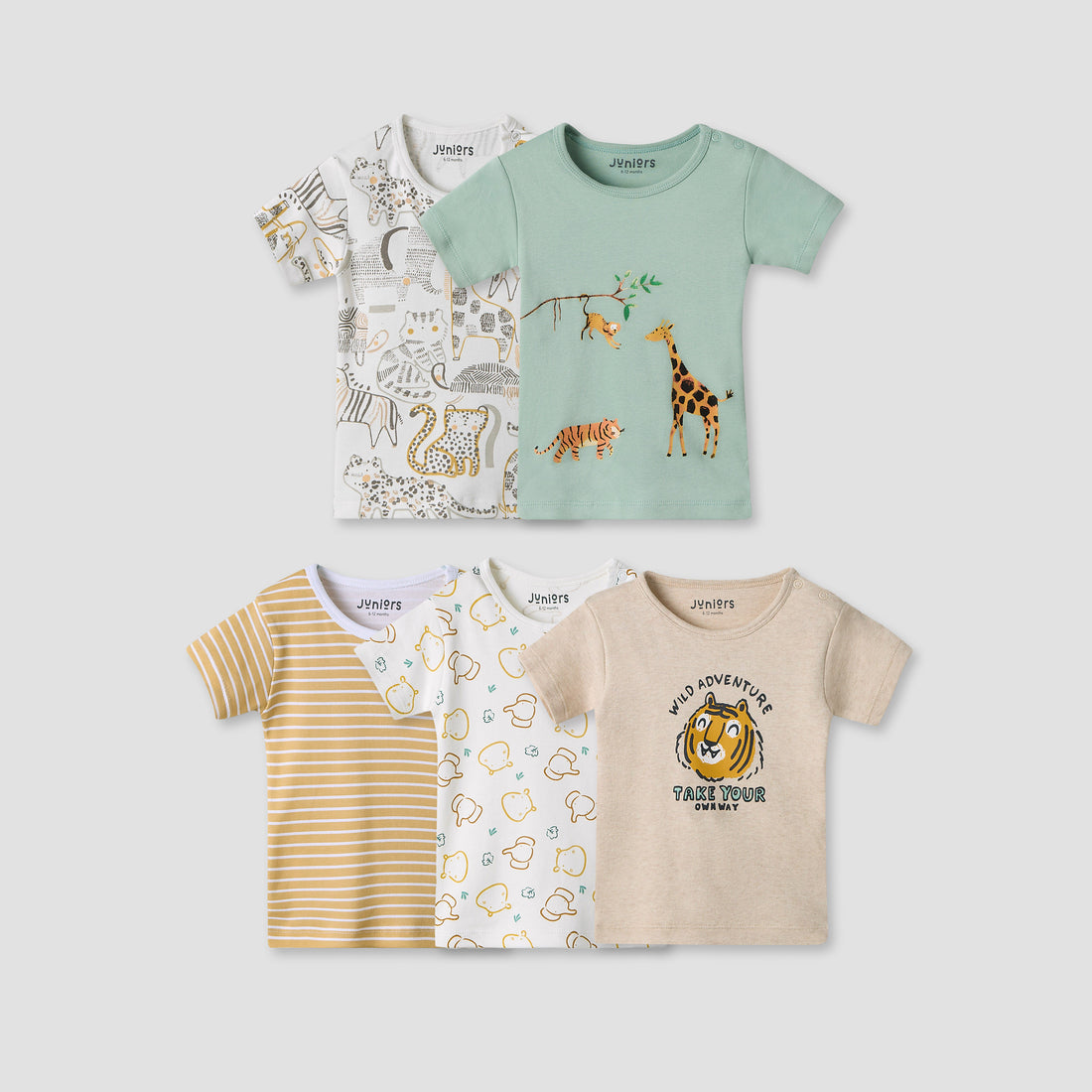 Juniors Girls Crew Neck T-shirt with Animal Print - Cotton - Short Sleeves - Set of 5 - Multicolour / 12-18 mths