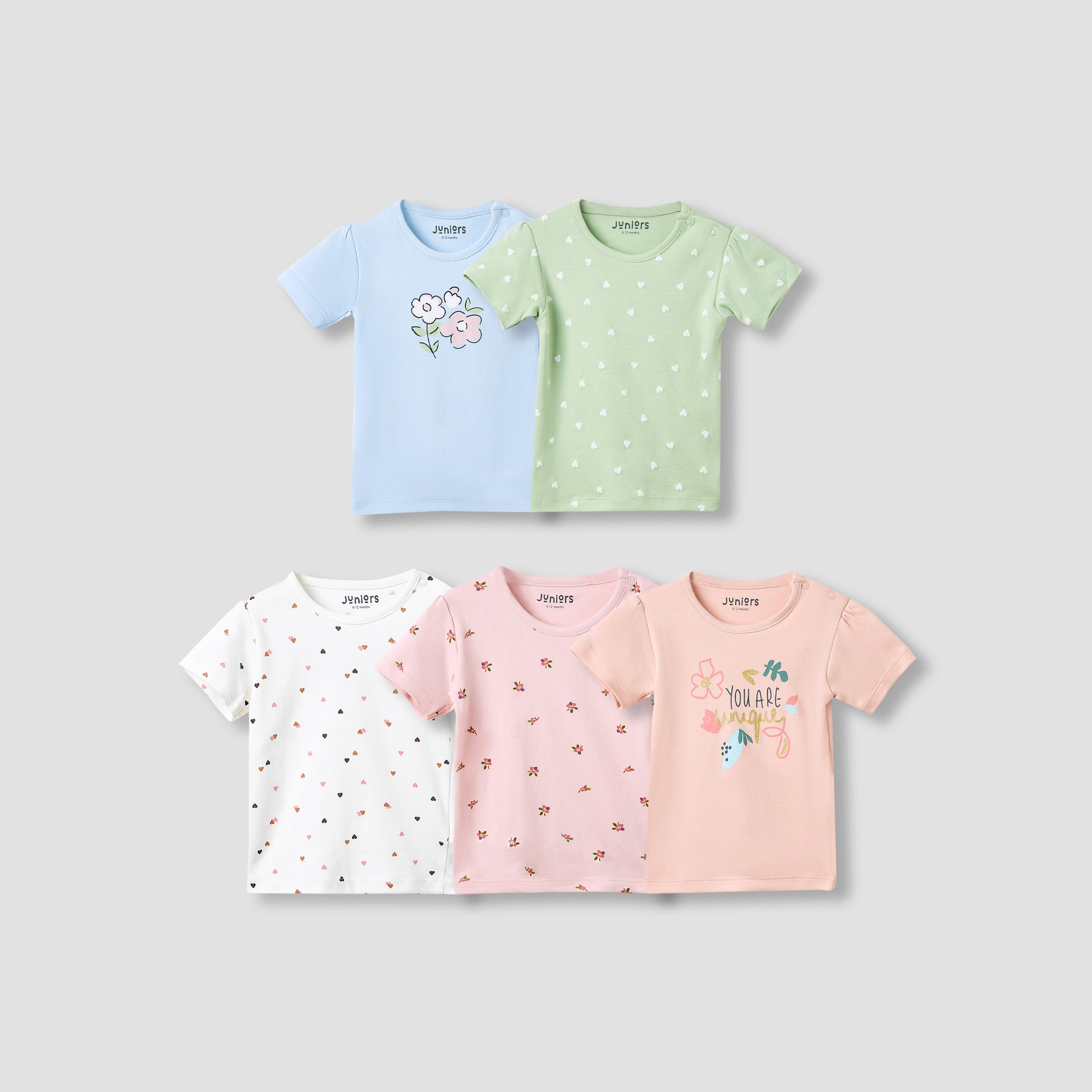 Juniors Boys Crew Neck T-shirt with Print - Cotton - Short Sleeves - Set of 5 - Multicolour / 12-18 mths