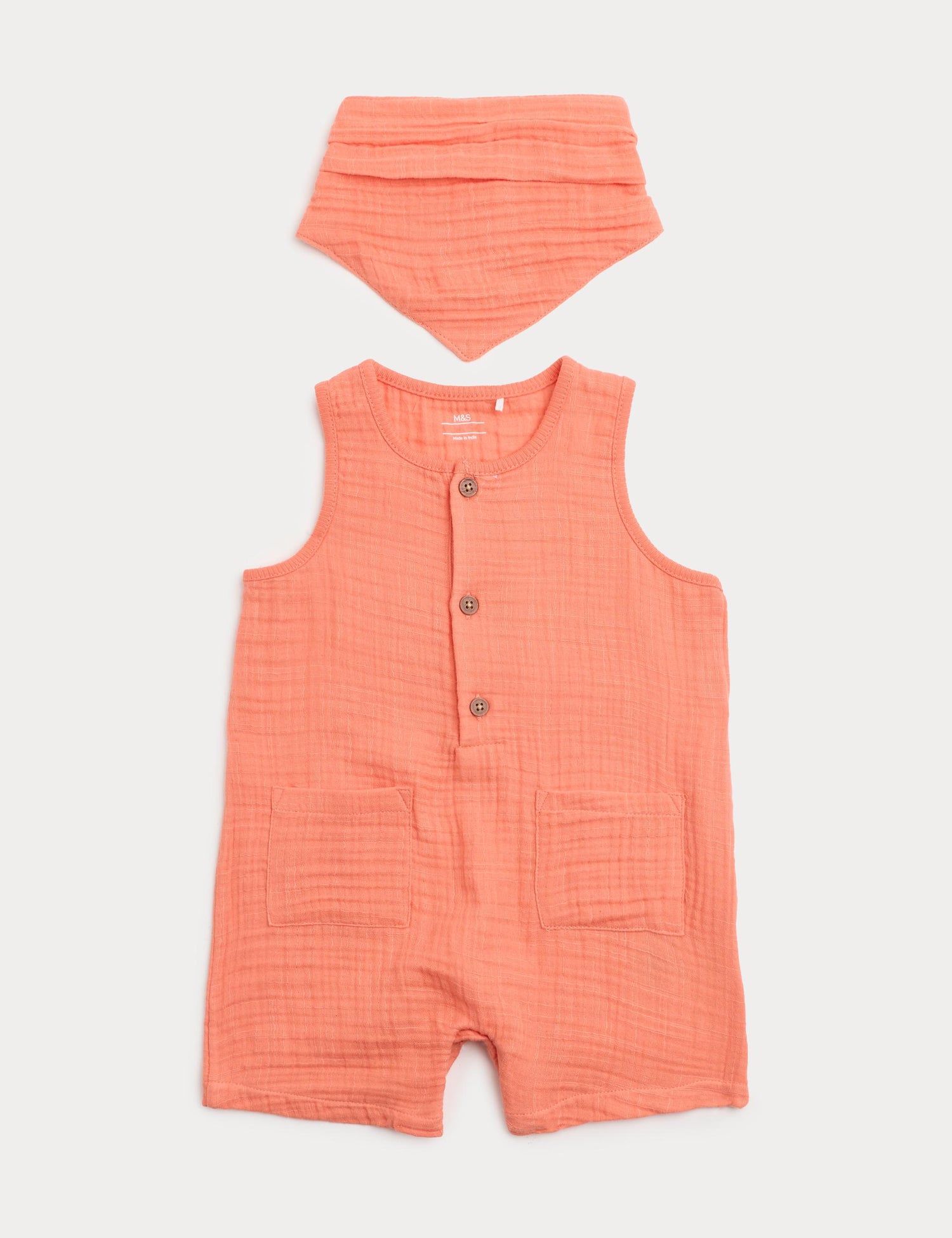 Cotton Tripe Cloth Romper With Neck Tie - CORAL
