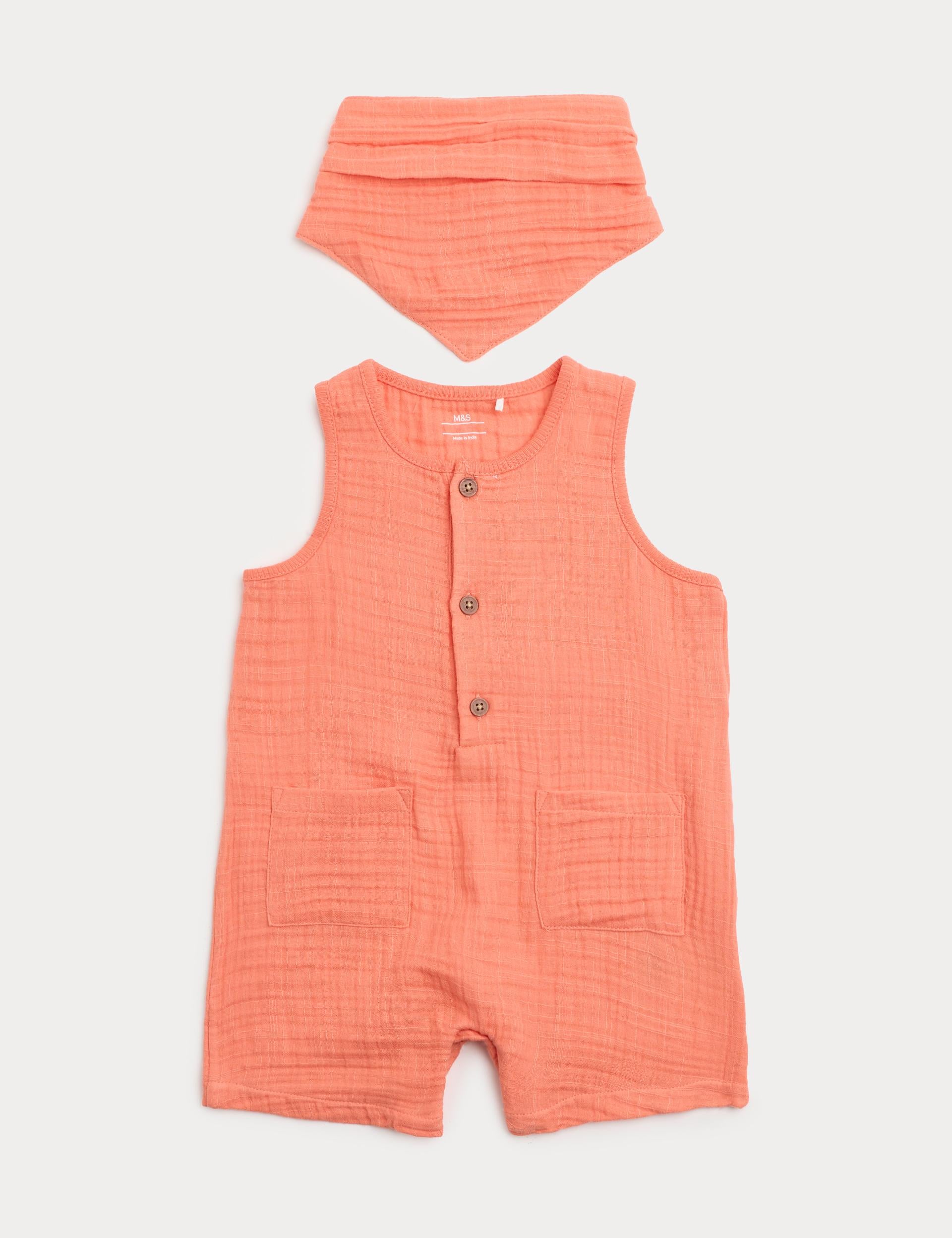 Cotton Tripe Cloth Romper With Neck Tie - CORAL