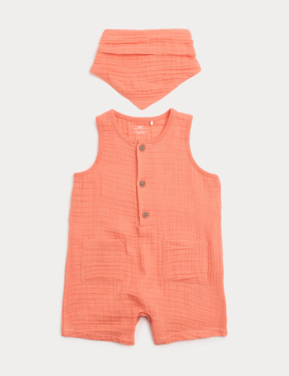 Cotton Tripe Cloth Romper With Neck Tie - CORAL