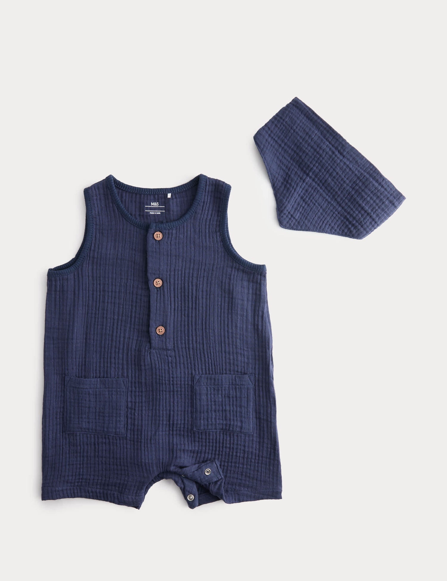 Cotton Tripe Cloth Romper With Neck Tie - NAVY / 12-18 Months