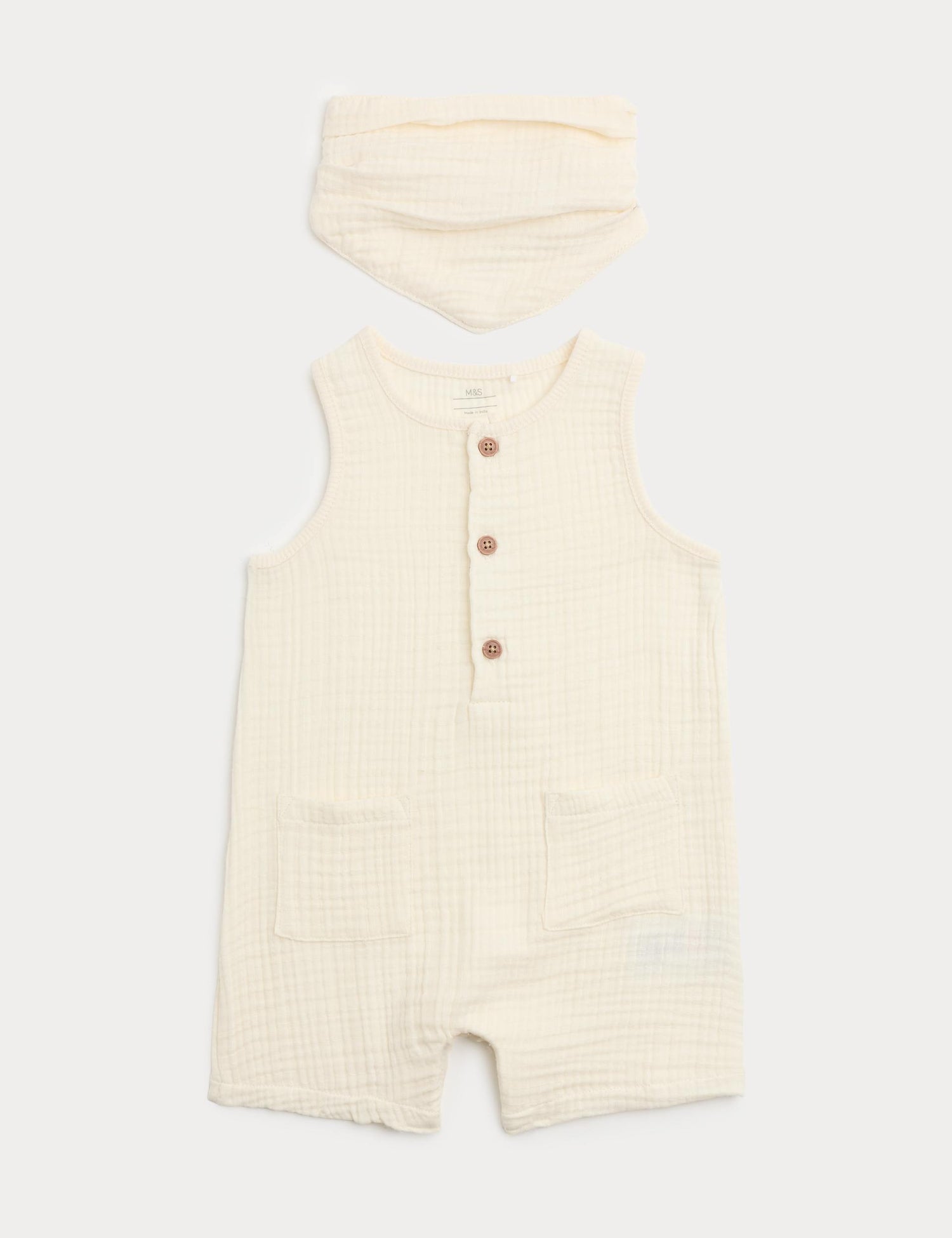 Cotton Tripe Cloth Romper With Neck Tie - ECRU / 12-18 Months