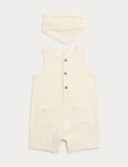 Cotton Tripe Cloth Romper With Neck Tie - ECRU / 12-18 Months