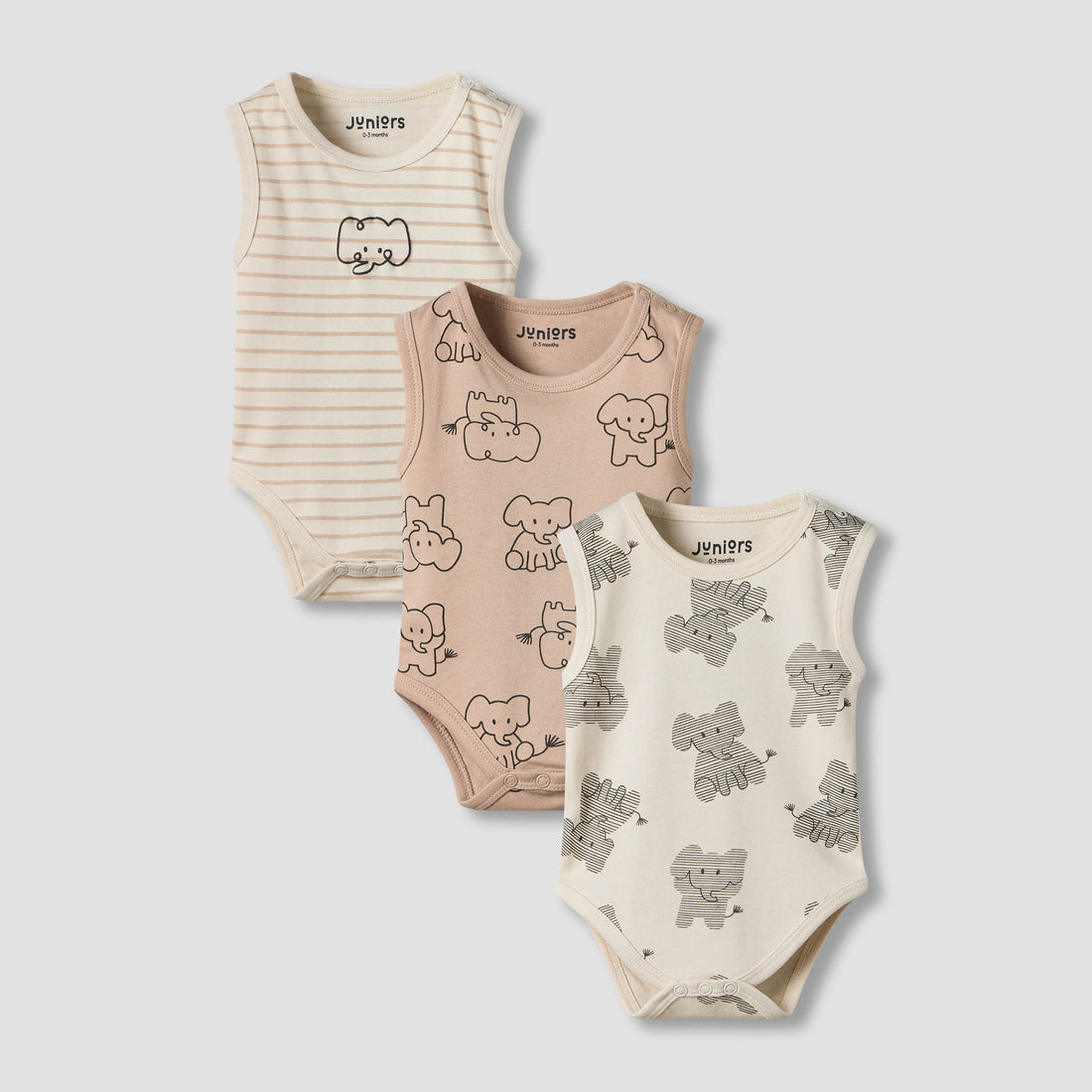 Pack of 3 Juniors Round Neck Sleeveless Bodyuit with Elephant Print