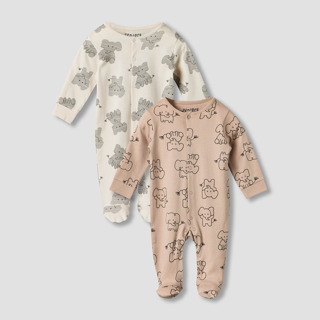 Pack of 2 Juniors Cotton Round Neck Long Sleeves Sleepsuit with Elephant Print - Beige / 9-12 mths