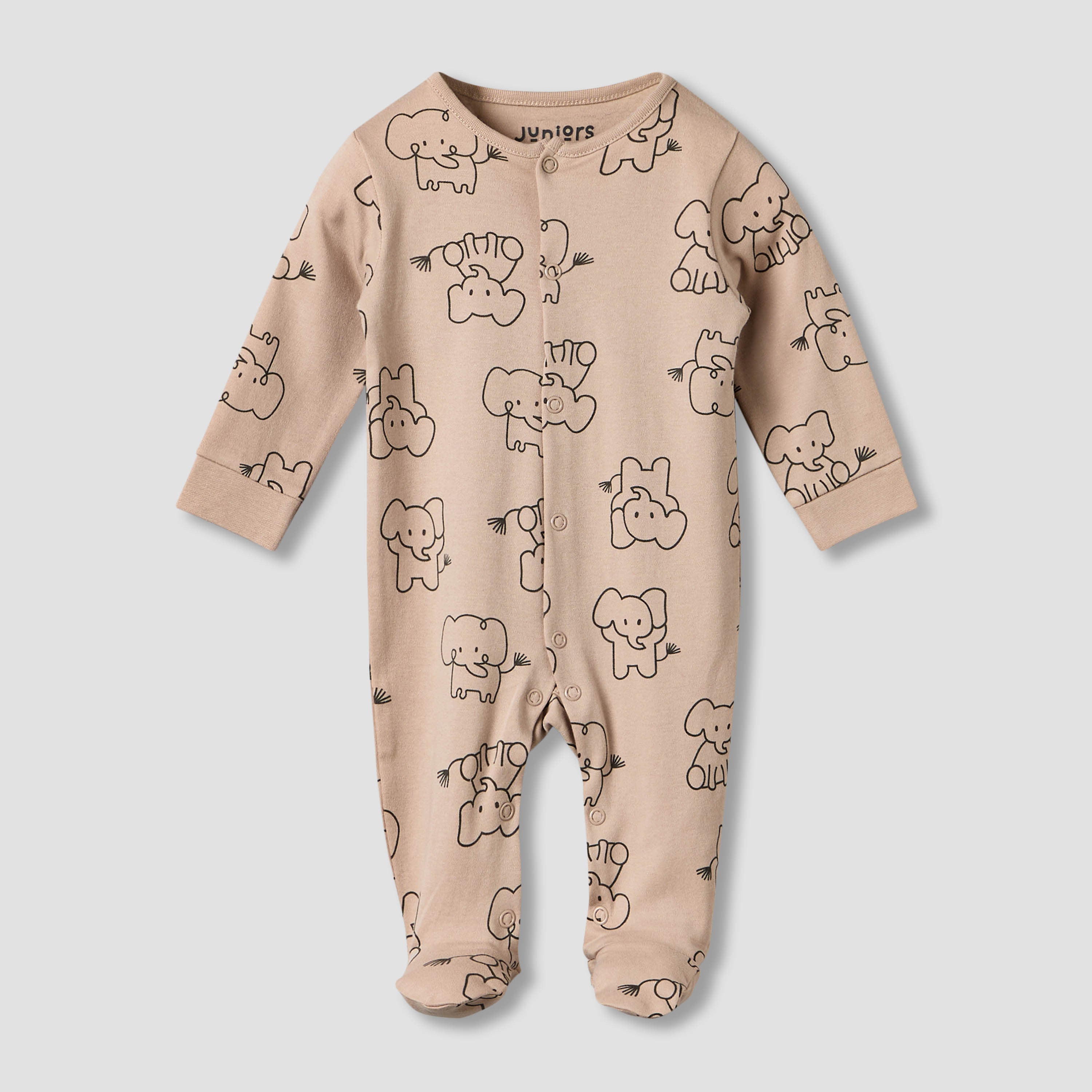 Pack of 2 Juniors Cotton Round Neck Long Sleeves Sleepsuit with Elephant Print