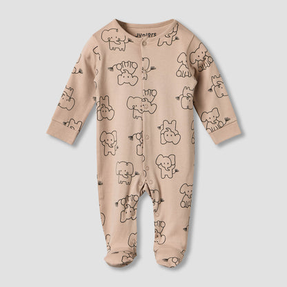 Pack of 2 Juniors Cotton Round Neck Long Sleeves Sleepsuit with Elephant Print