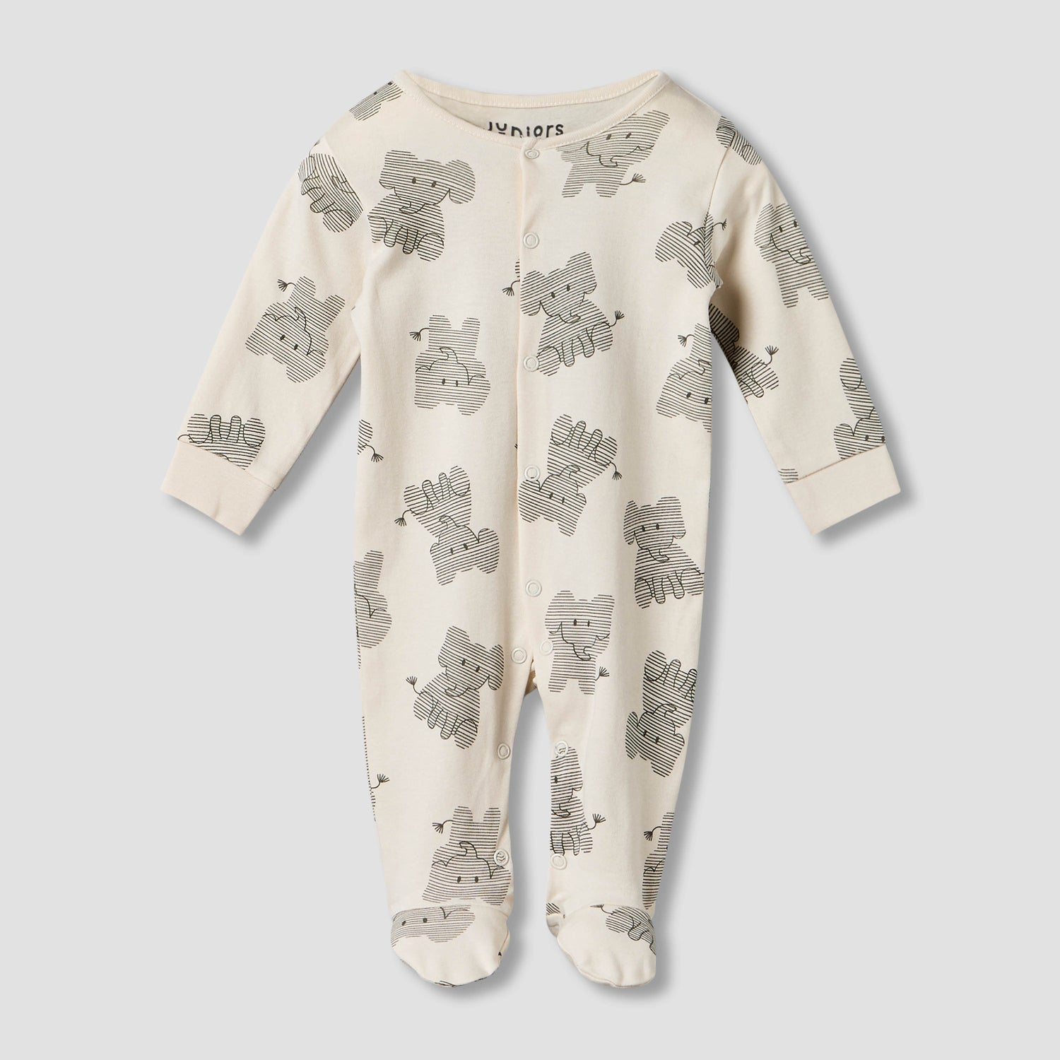 Pack of 2 Juniors Cotton Round Neck Long Sleeves Sleepsuit with Elephant Print