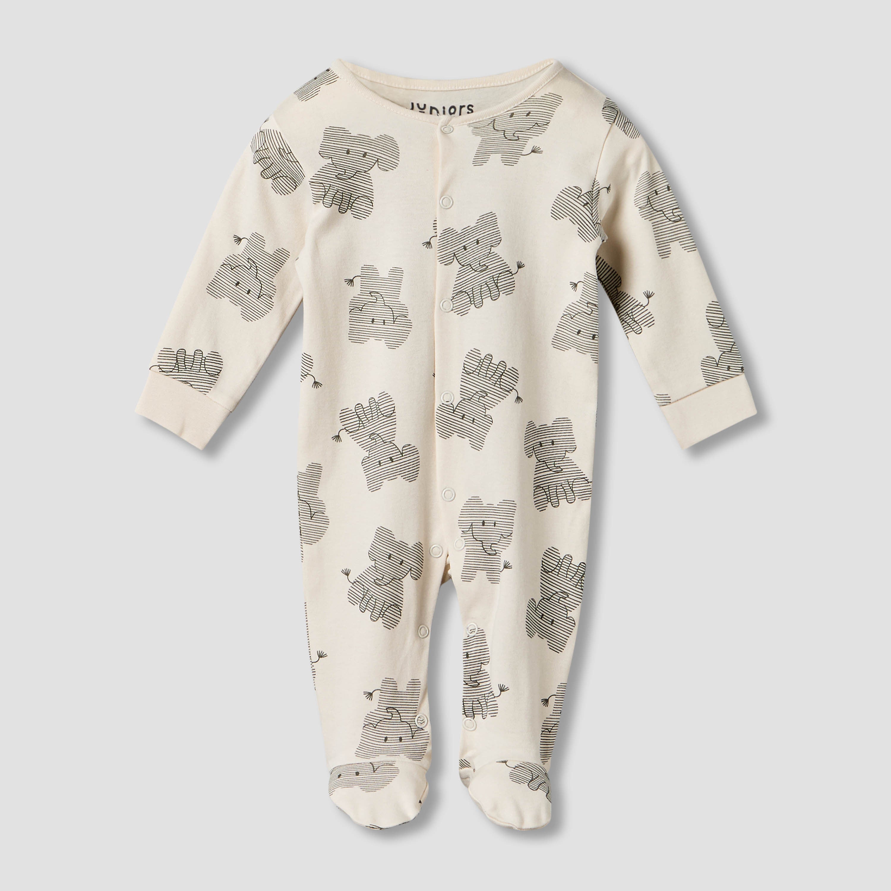 Pack of 2 Juniors Cotton Round Neck Long Sleeves Sleepsuit with Elephant Print