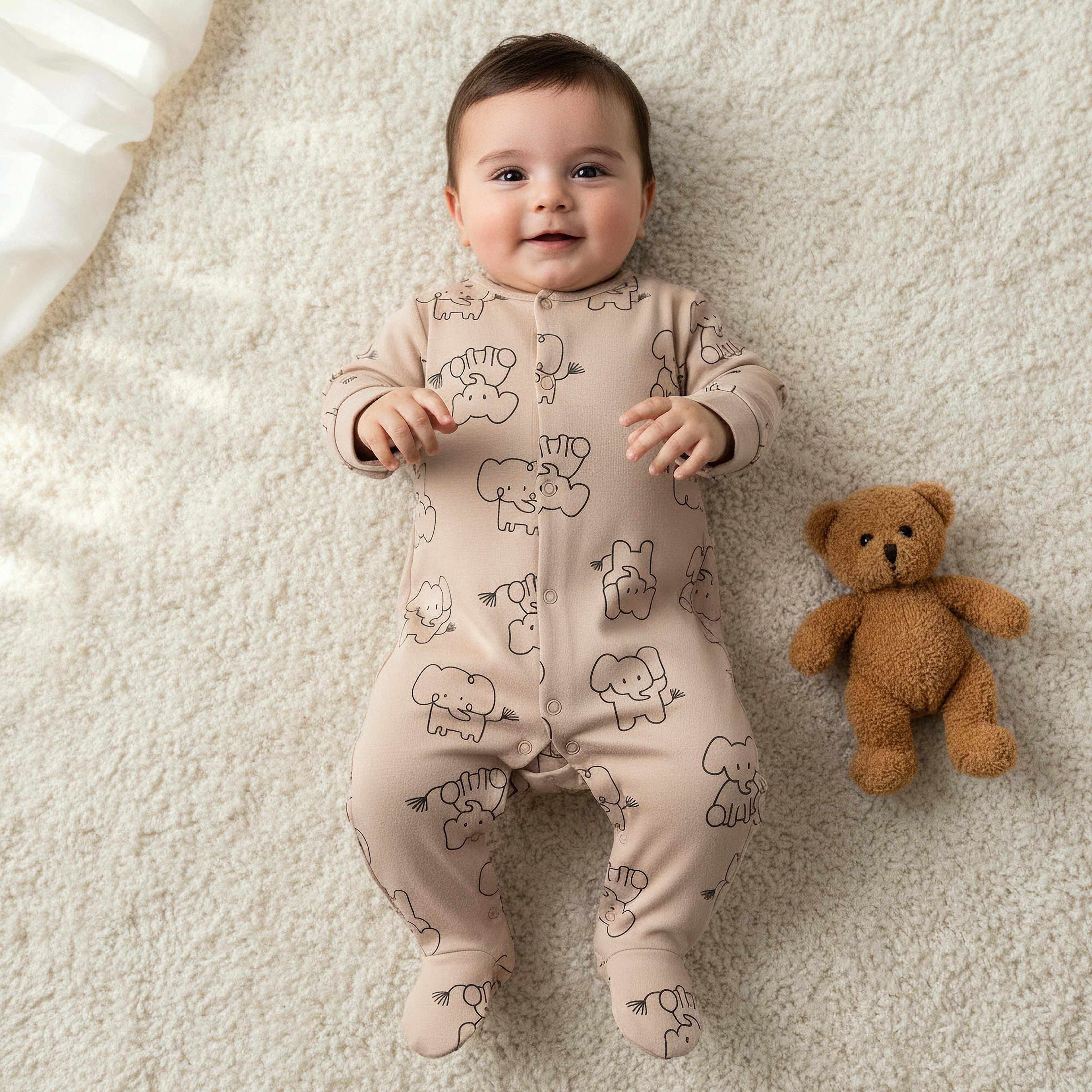 Pack of 2 Juniors Cotton Round Neck Long Sleeves Sleepsuit with Elephant Print
