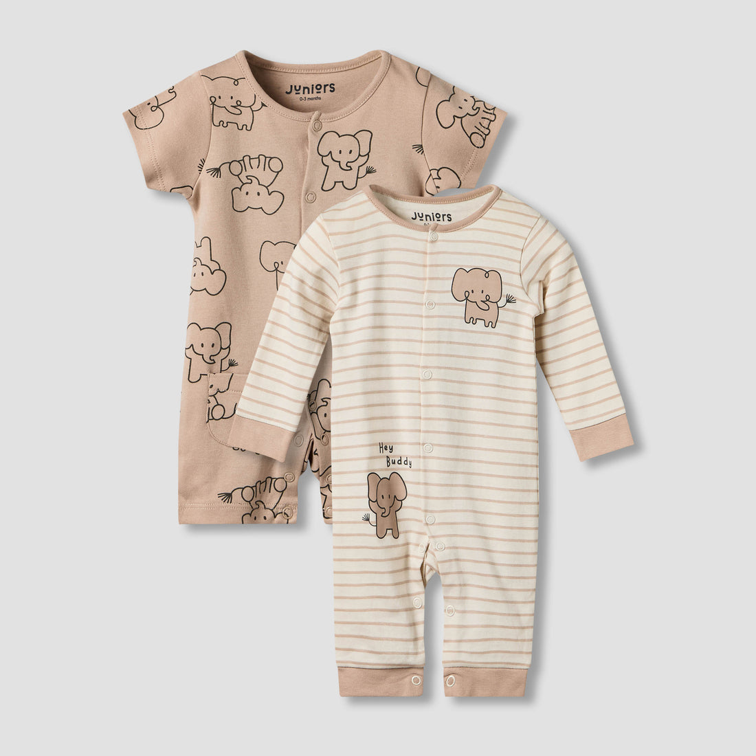 Set of 2 Juniors Cotton Round Neck Elephant Print Sleepsuit with Romper - Beige / 12-18 mths