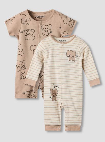 Set of 2 Juniors Cotton Round Neck Elephant Print Sleepsuit with Romper-baby-boys-clothing-nightwear-sleepsuits-image-1