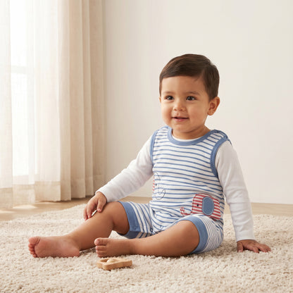 Juniors Crew Neck Long Sleeves T-shirt and Dungaree Set with Stripes - White / 12-18 mths