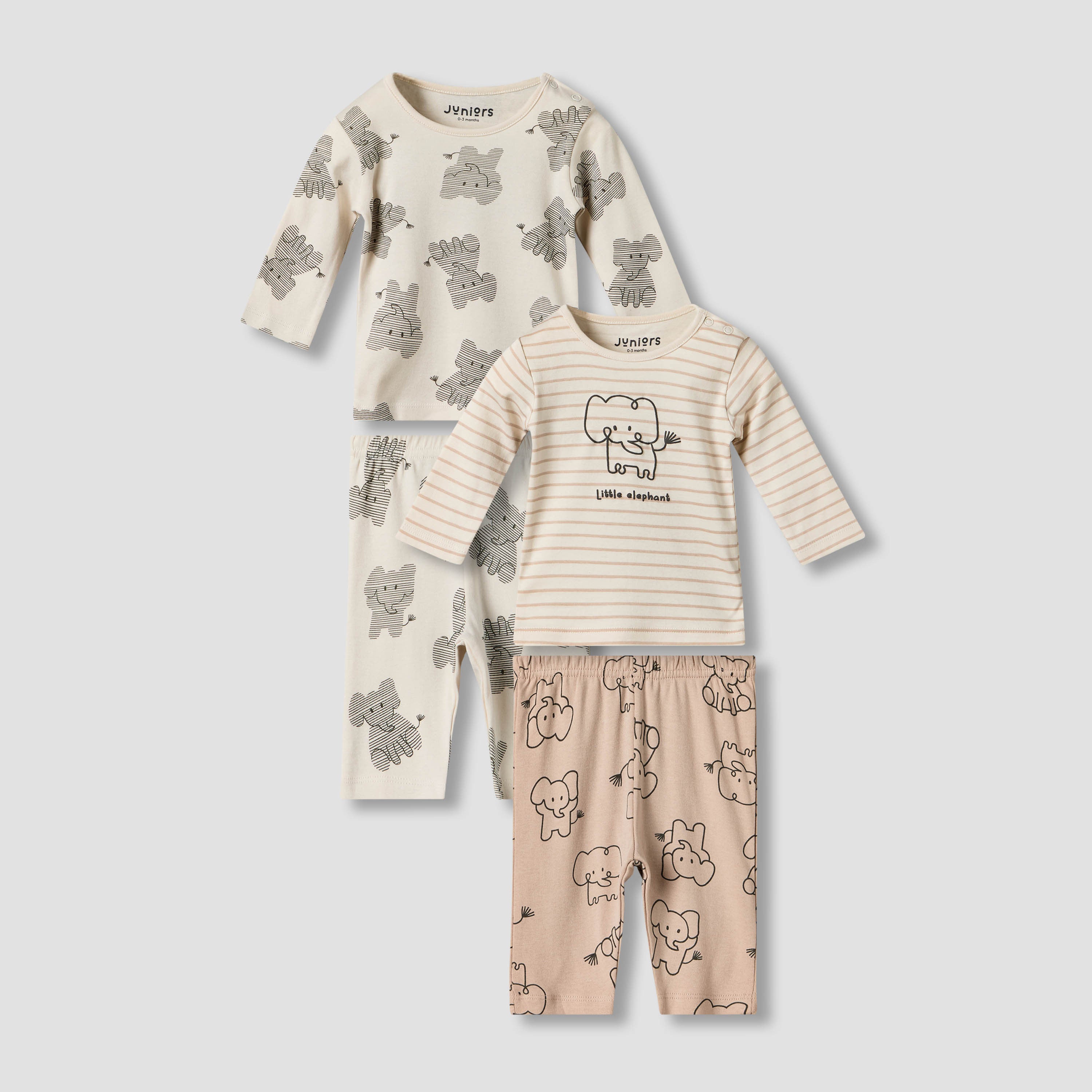 Pack of 2 Juniors Cotton Round Neck Long Sleeves Pyjama Set with Elephant Print