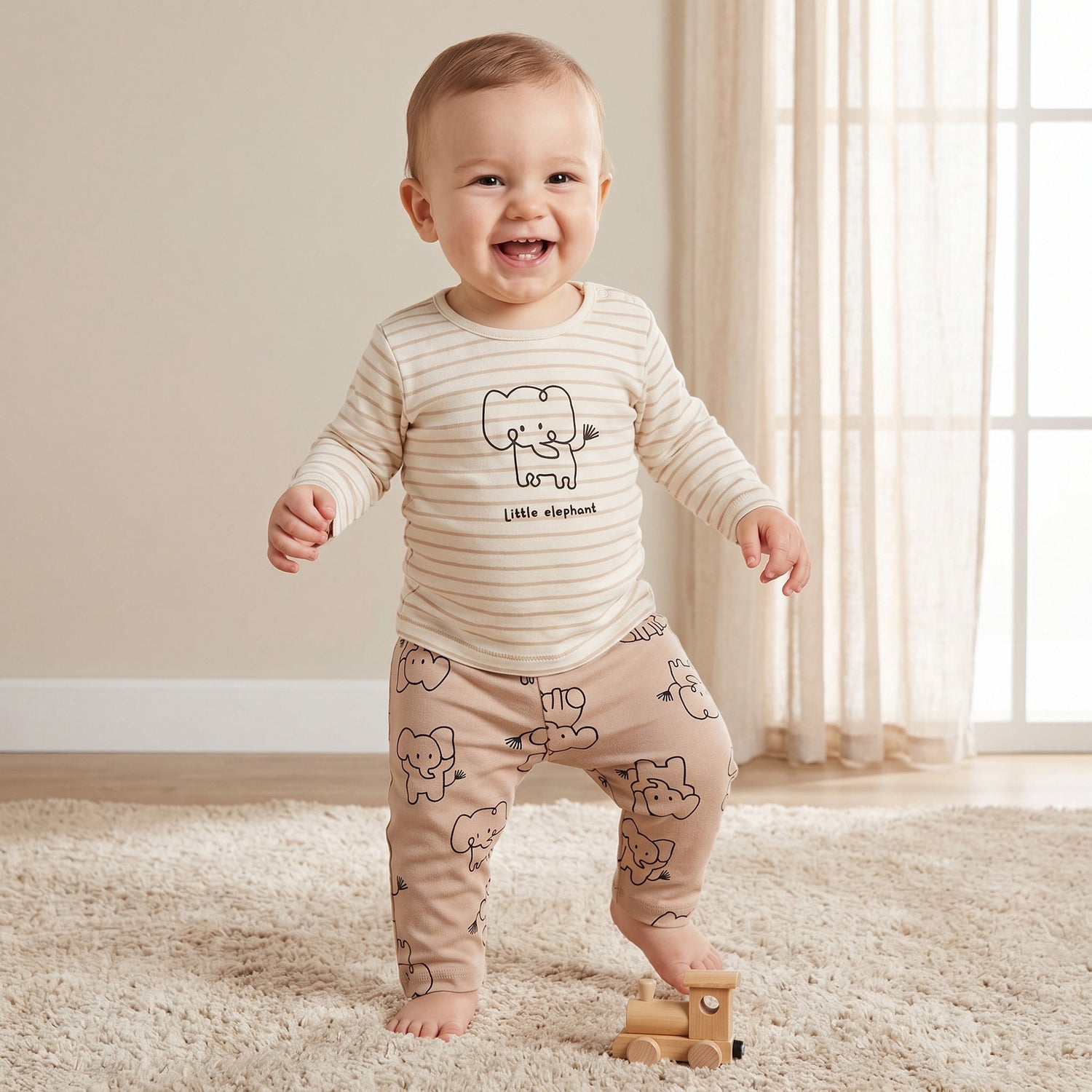 Pack of 2 Juniors Cotton Round Neck Long Sleeves Pyjama Set with Elephant Print