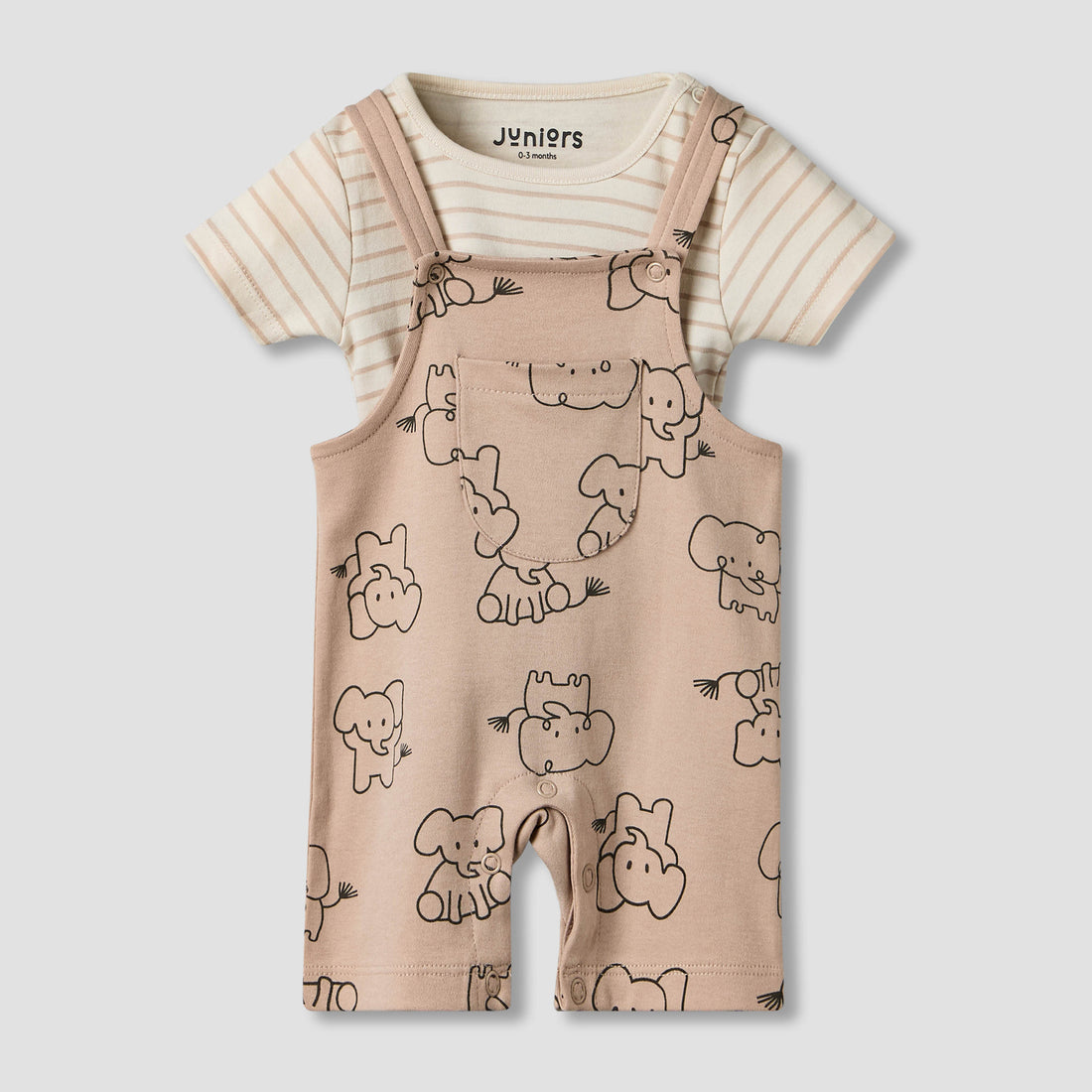 Juniors Round Neck Short Sleeves T-shirt and Dungaree Set with Elephant Print - Beige / 12-18 mths