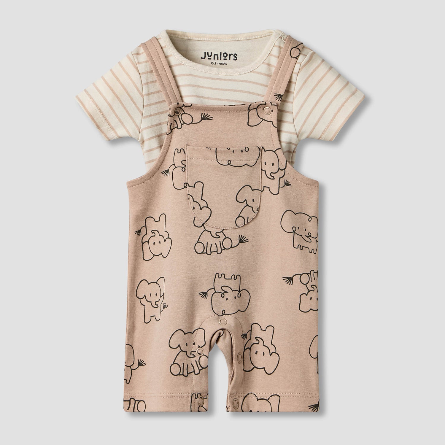 Juniors Round Neck Short Sleeves T-shirt and Dungaree Set with Elephant Print - Beige / 12-18 mths