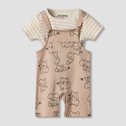 Juniors Round Neck Short Sleeves T-shirt and Dungaree Set with Elephant Print - Beige / 12-18 mths