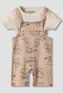 Juniors Round Neck Short Sleeves T-shirt and Dungaree Set with Elephant Print-undefined-image-1