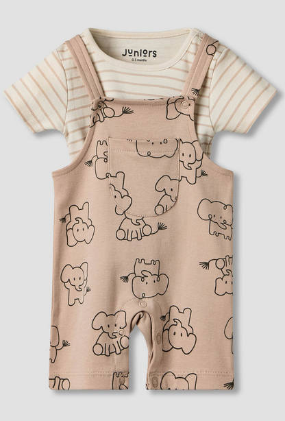 Juniors Round Neck Short Sleeves T-shirt and Dungaree Set with Elephant Print-undefined-image-1