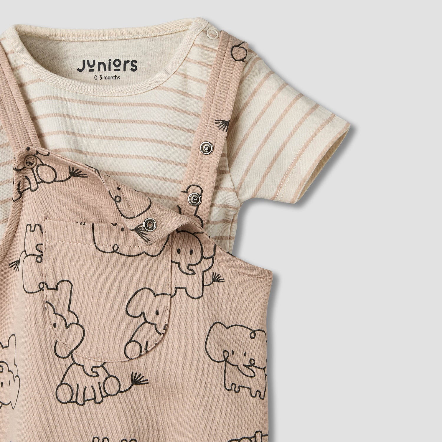 Juniors Round Neck Short Sleeves T-shirt and Dungaree Set with Elephant Print