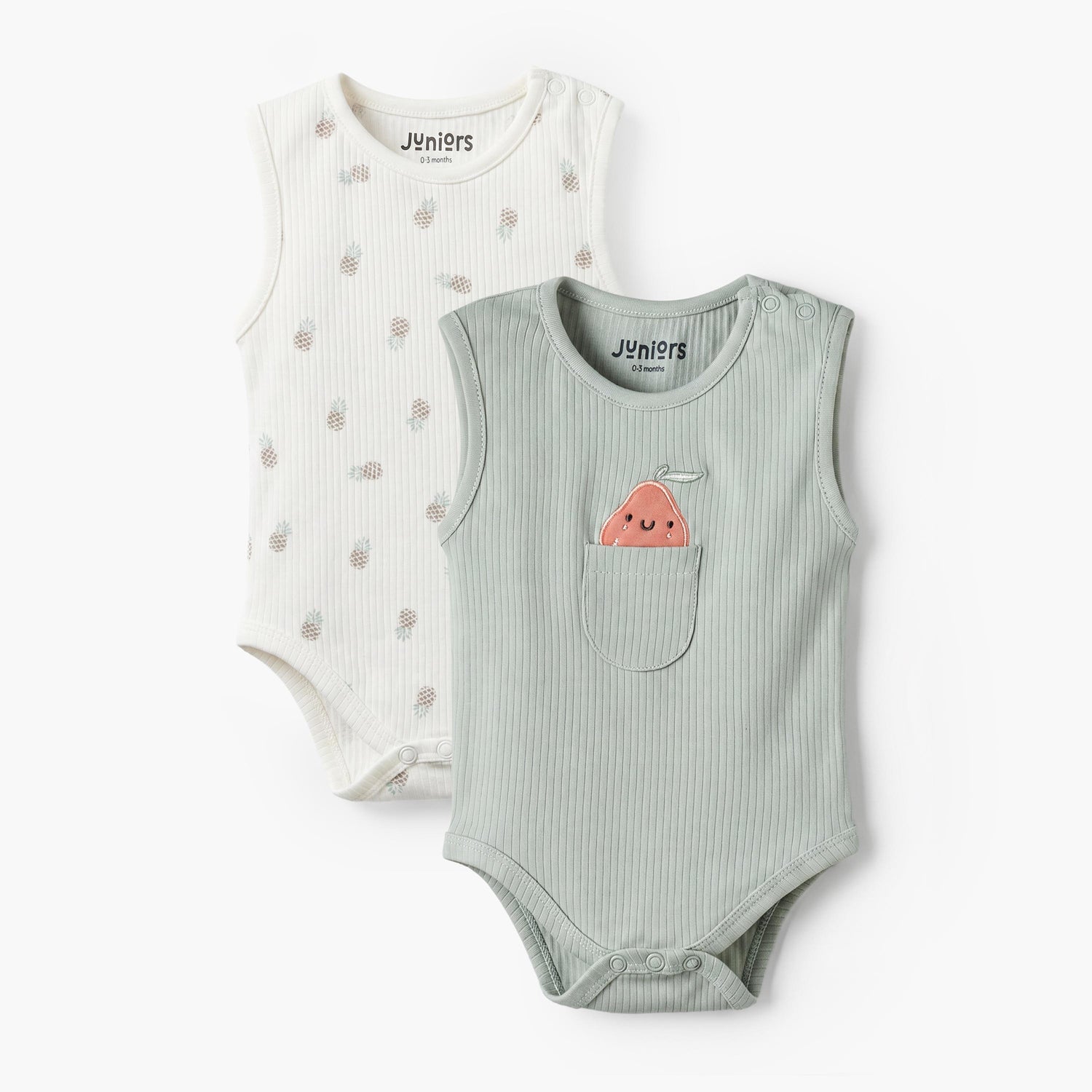 Pack of 2 Juniors Crew Neck Sleeveless Bodysuit with Fruit Detail - Green / 12-18 mths