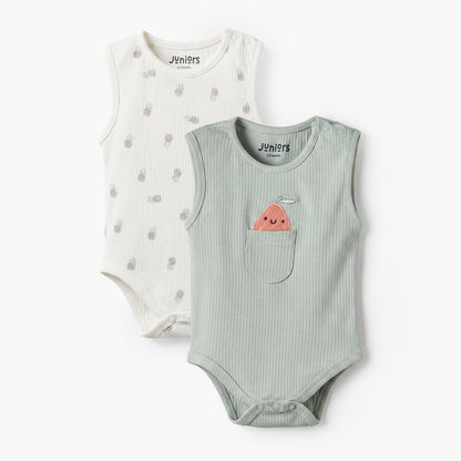 Pack of 2 Juniors Crew Neck Sleeveless Bodysuit with Fruit Detail - Green / 12-18 mths