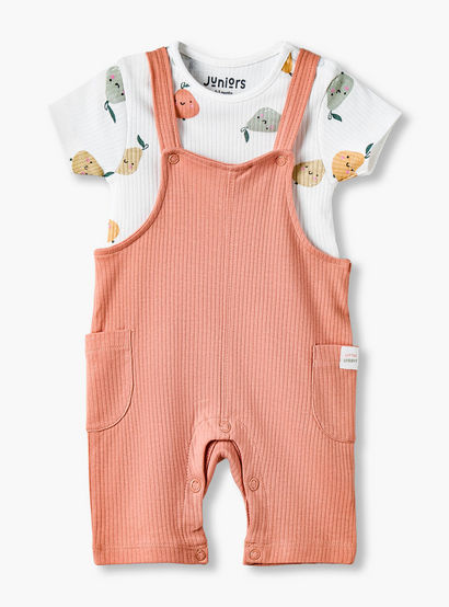 Juniors Crew Neck Short Sleeves T-shirt and Dungaree Set with Fruit Print-baby-boys-clothing-setsandcoords-image-2