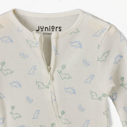 Juniors Cotton Round Neck Long Sleeves Sleepsuit with Dinosaur Print