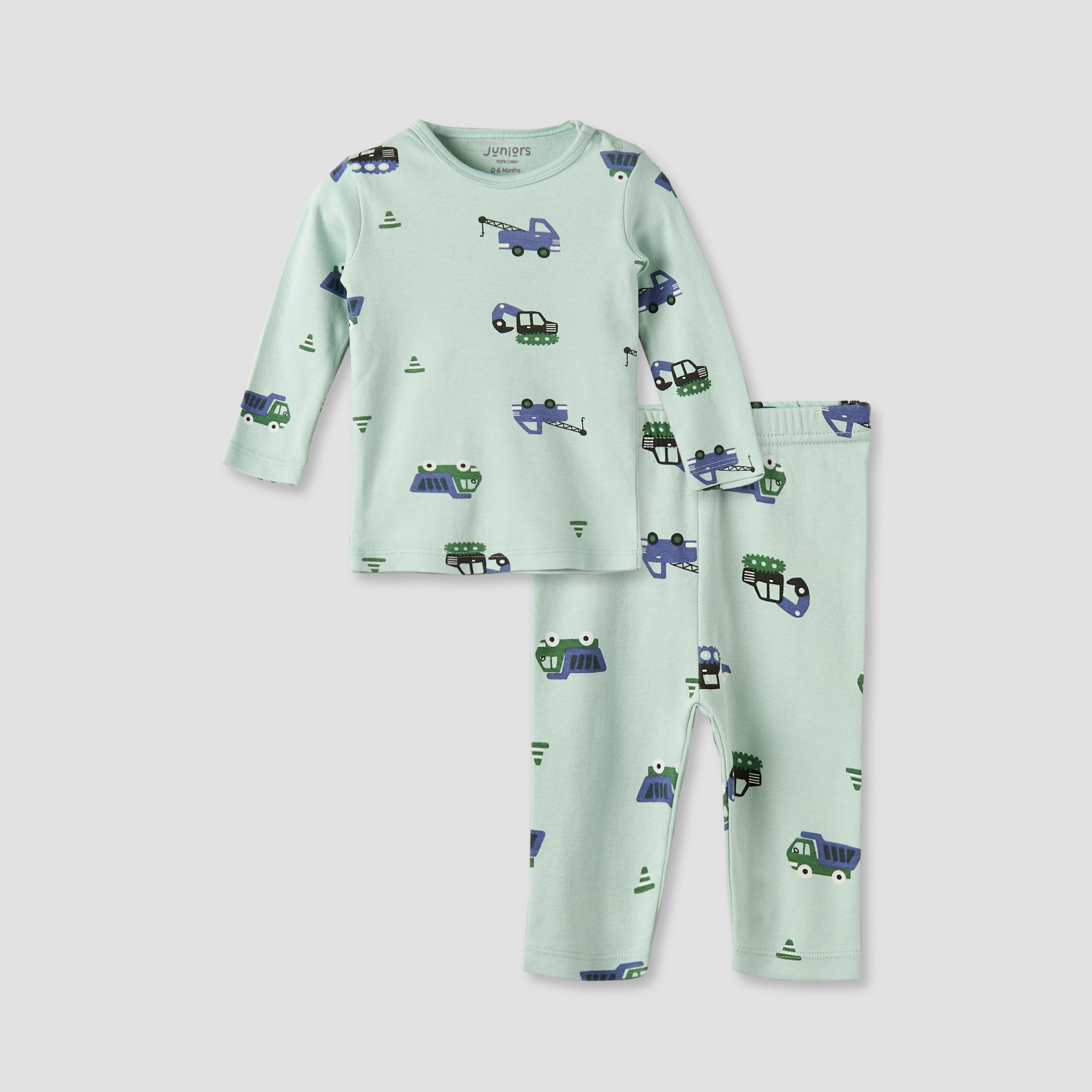 Juniors Cotton Round Neck Long Sleeves Pyjama Set with Construction Vehicle Print